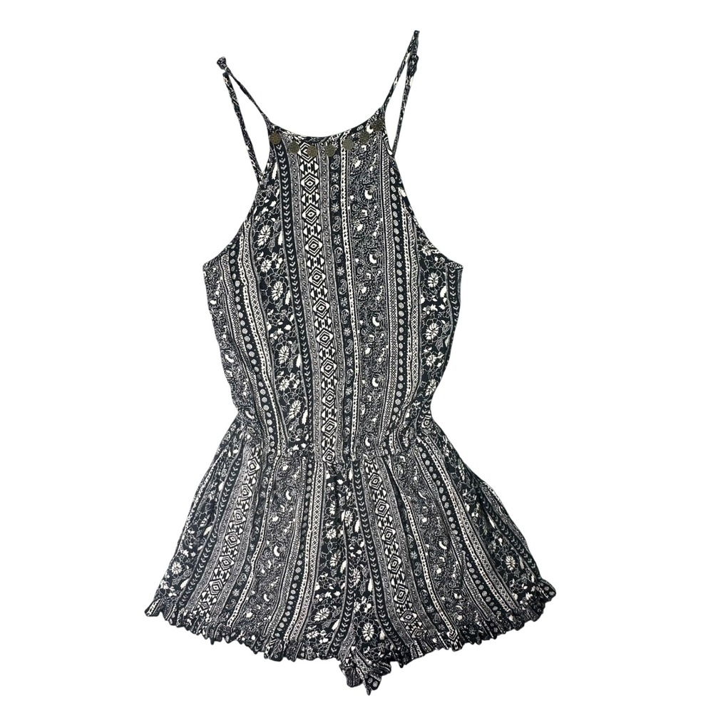 American Eagle Paisley Tribal Coin Romper Boho Festival Size XS Black White